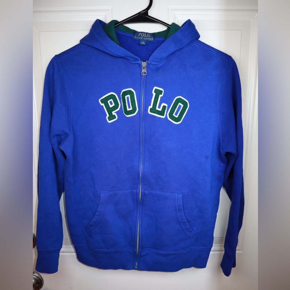 POLO royal blue zip hoodie in size L big kids. Pre used condition!